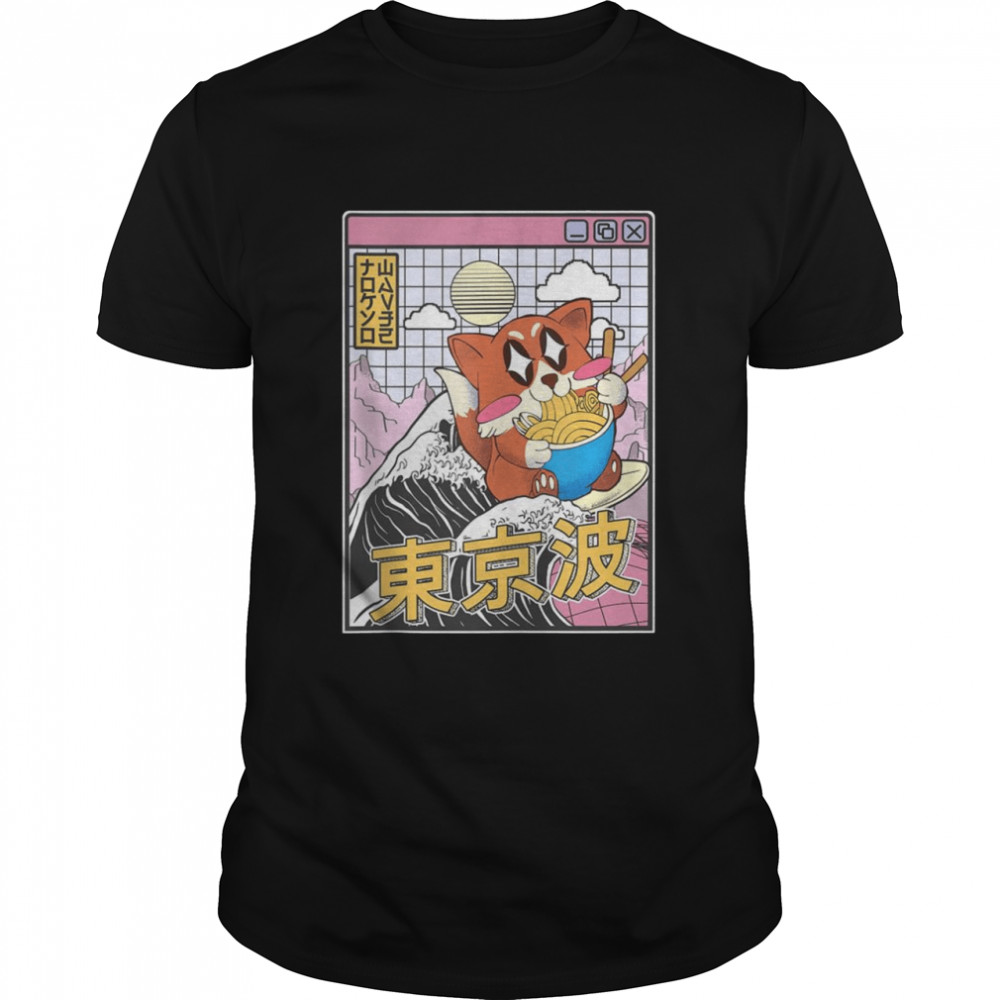 Fox Surfing Kanagawa Wave Kawaii Vaporwave Fox Eating Ramen Shirt