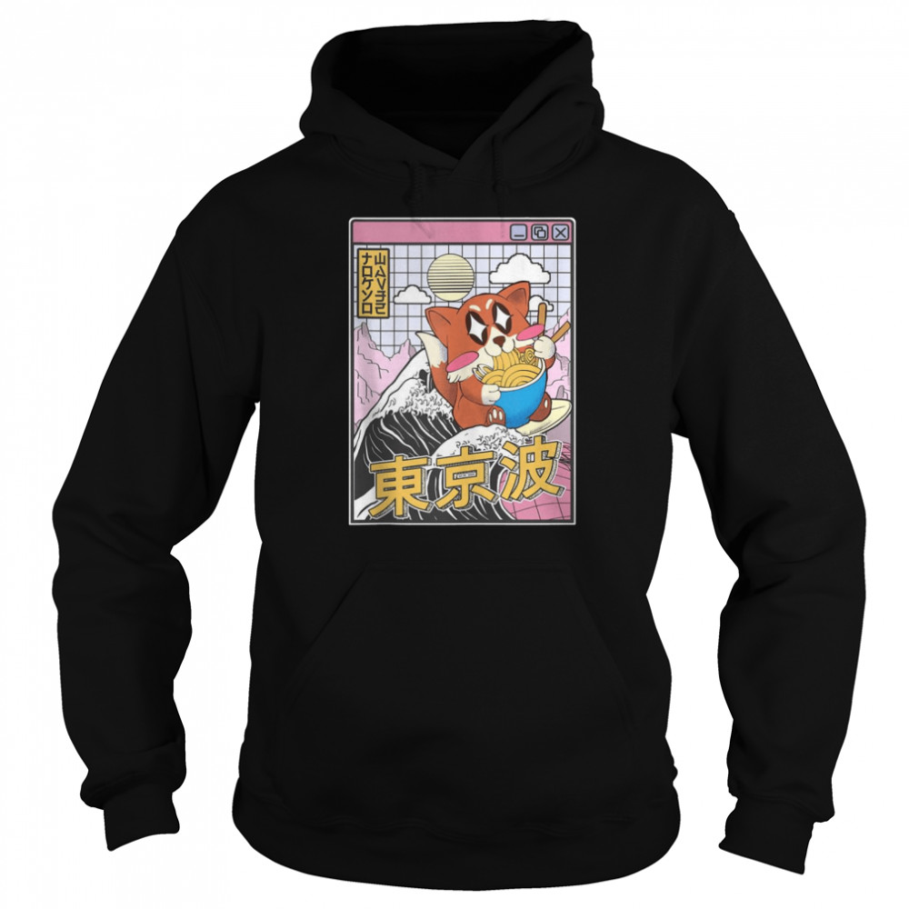 Fox Surfing Kanagawa Wave Kawaii Vaporwave Fox Eating Ramen Shirt Unisex Hoodie