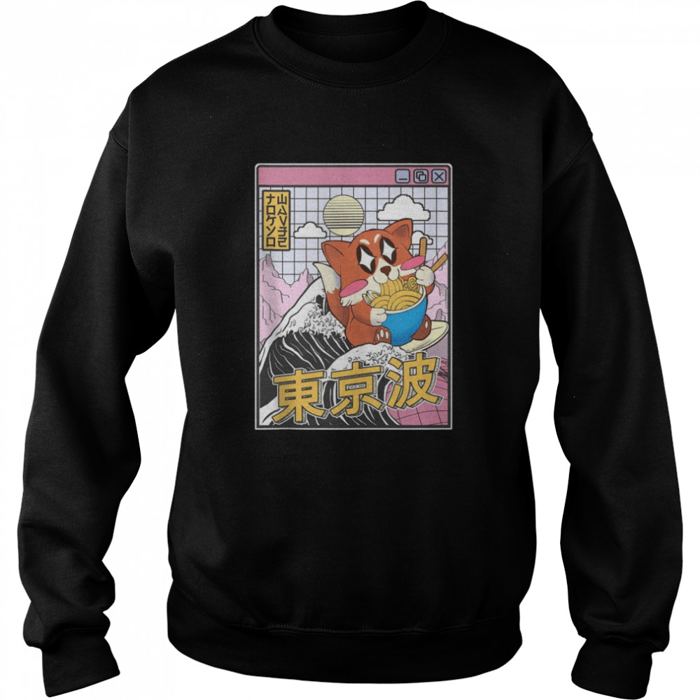 Fox Surfing Kanagawa Wave Kawaii Vaporwave Fox Eating Ramen Shirt Unisex Sweatshirt