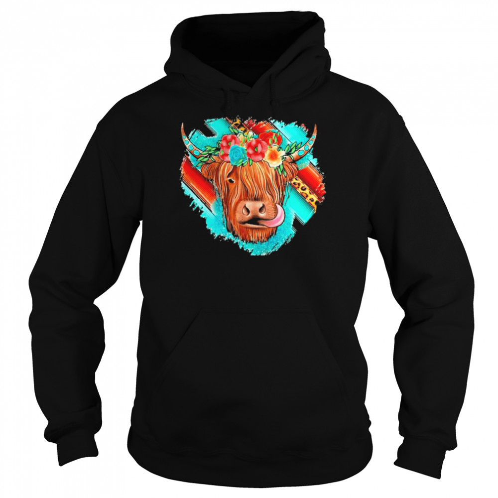 Western Leopard Serape Scottish Hairy Cow Mom Heifer Lover Shirt Unisex Hoodie