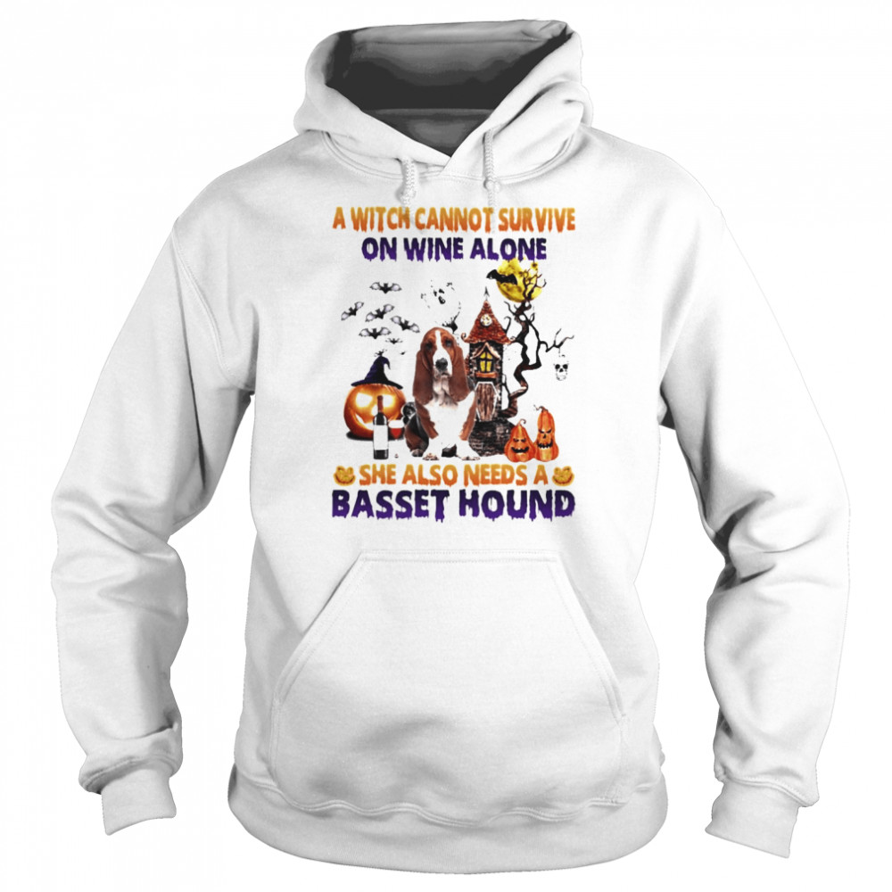 A Witch cannot survive on wine alone she also needs a Basset Hound Halloween  Unisex Hoodie