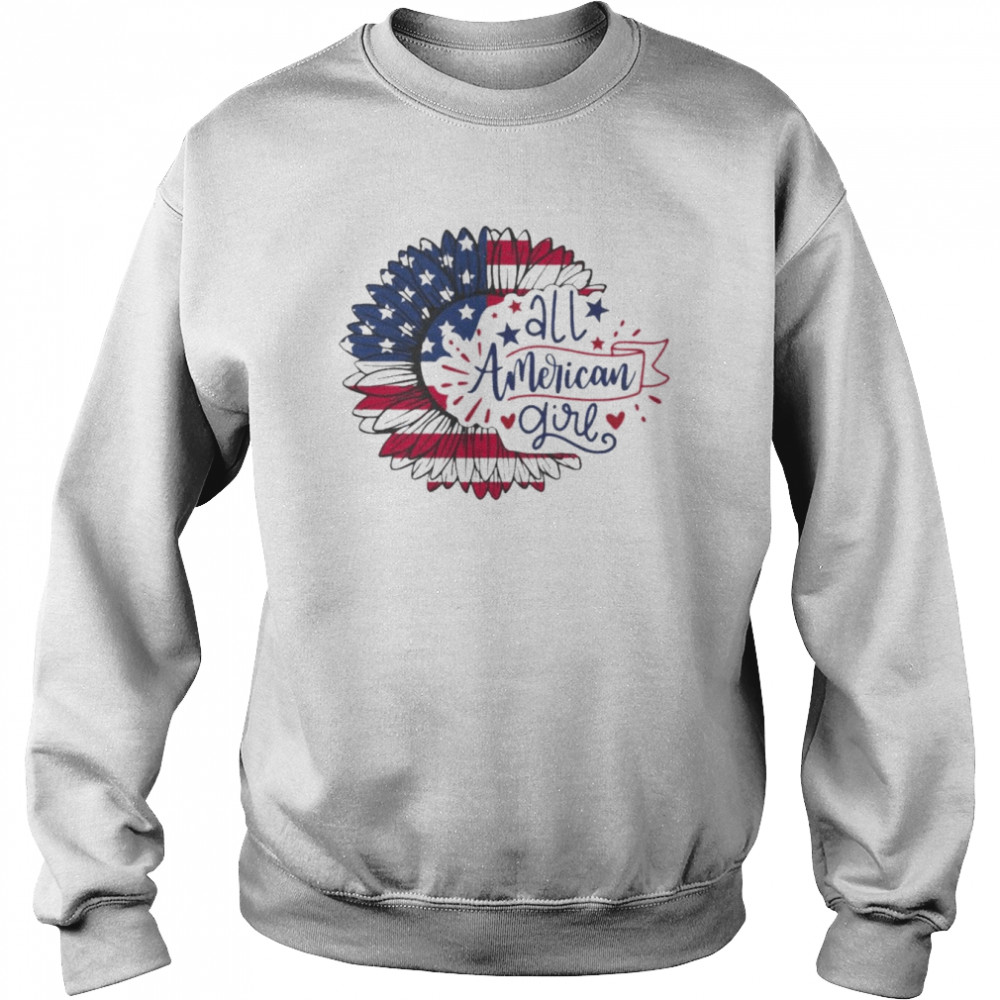 All American Girls Messy Bun USA Flag Sunflower Shirt Unisex Sweatshirt