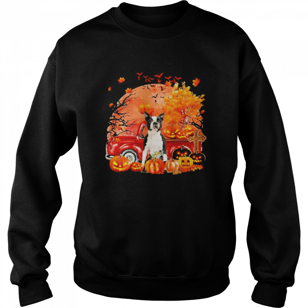 Black Boston Terrier Dog Hollowed Pumpkin Moon Shirt Unisex Sweatshirt