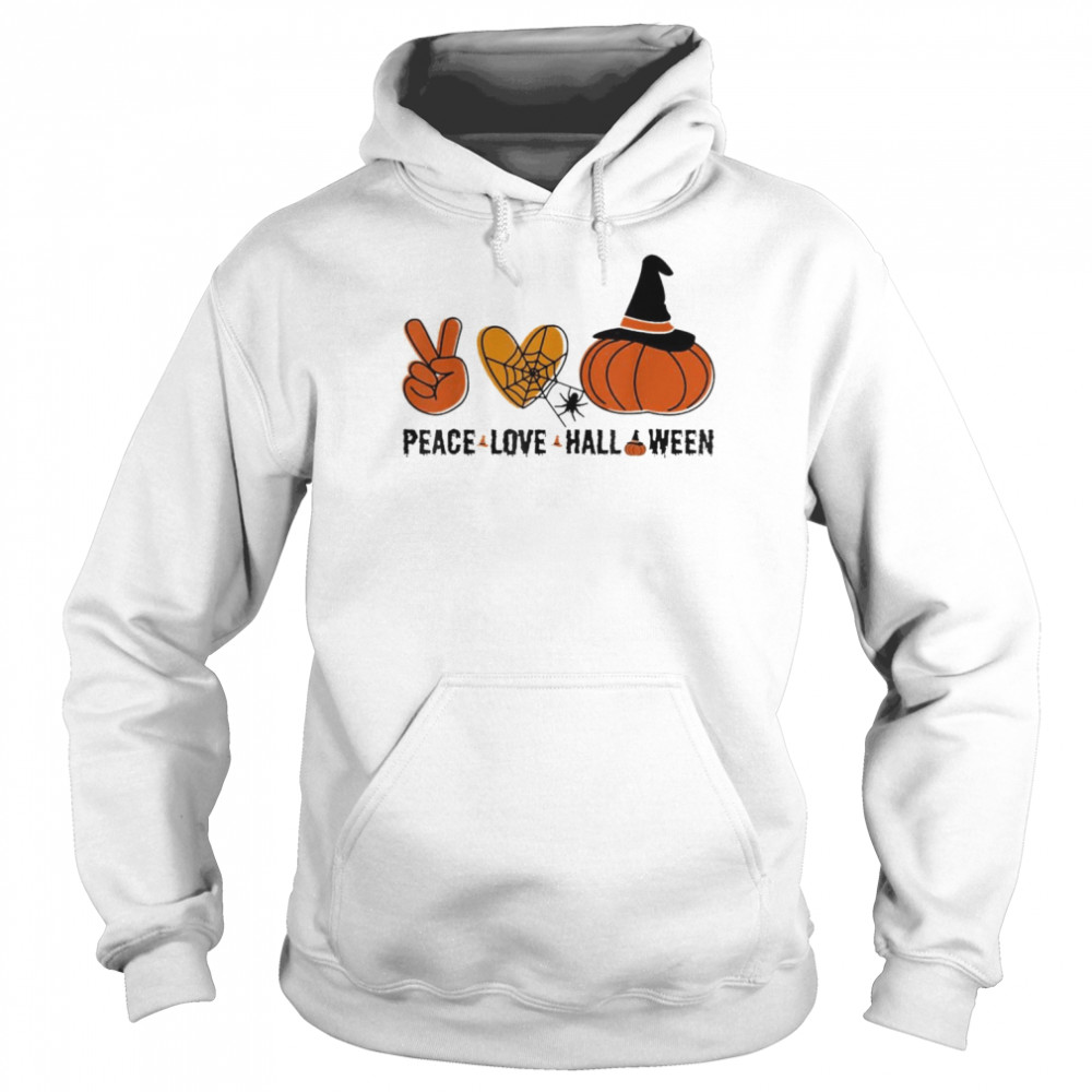 Halloween Skeleton Peace Love Halloween With Scary Pumpkin T-Shirt Unisex Hoodie