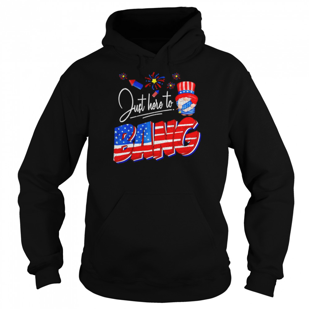 Just Here to Bang 4th of July Funny American Gnome Fireworks Shirt Unisex Hoodie