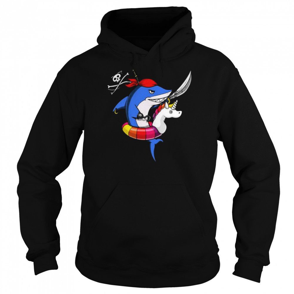 Shark Pirate Riding Unicorn Float Shirt Unisex Hoodie