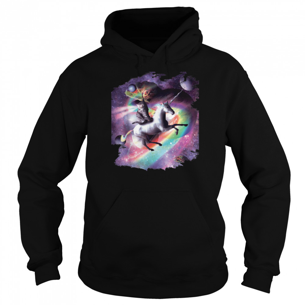 Space Cat Riding Unicorn  Laser Tacos And Rainbow T-Shirt Unisex Hoodie