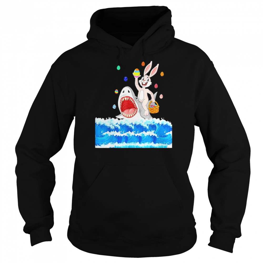 Easter Bunny Riding Shark with Eggs Basket Shirt Unisex Hoodie