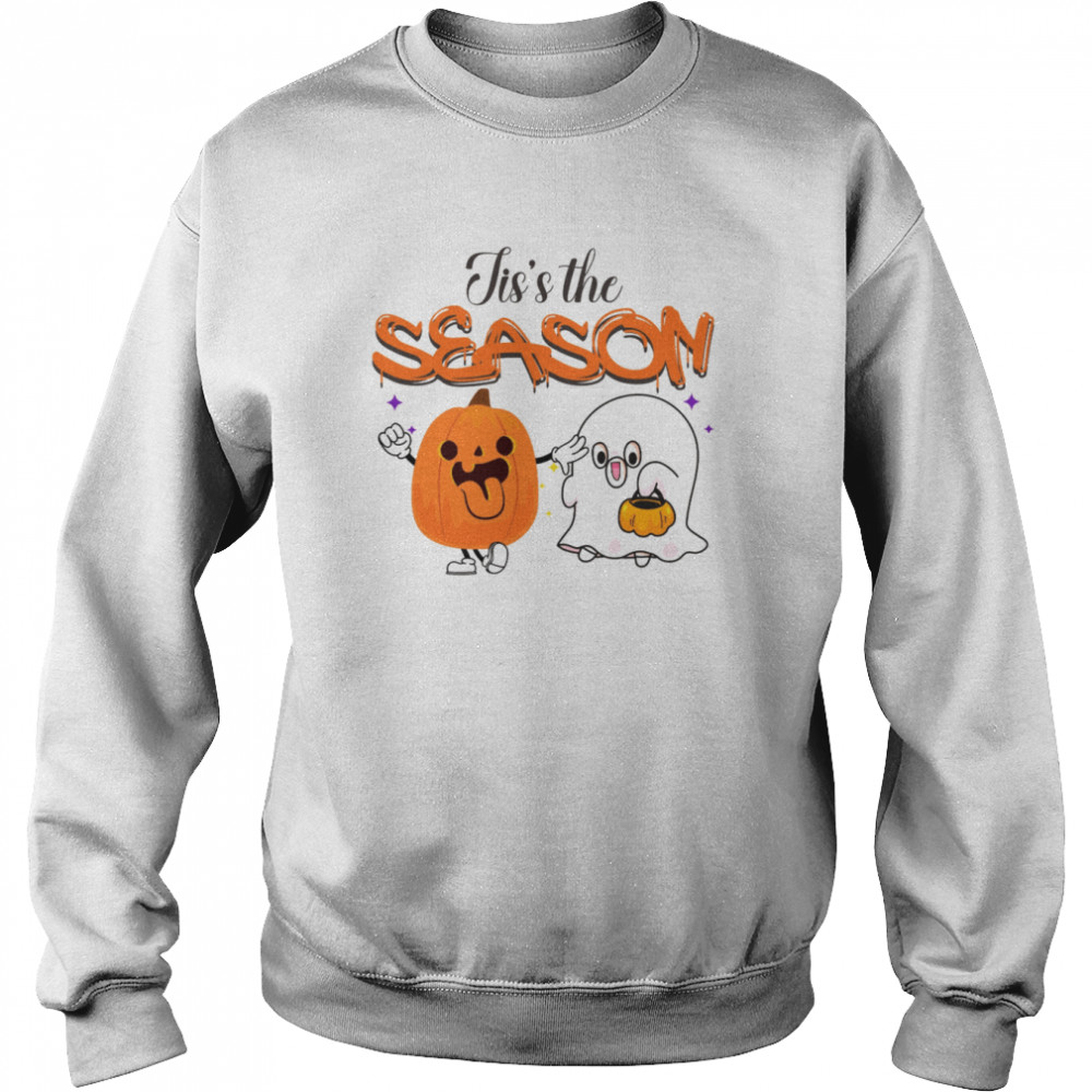 Jis’s The Season Cute Pumpkin And Ghost Spooky Season Halloween Graphic  Unisex Sweatshirt