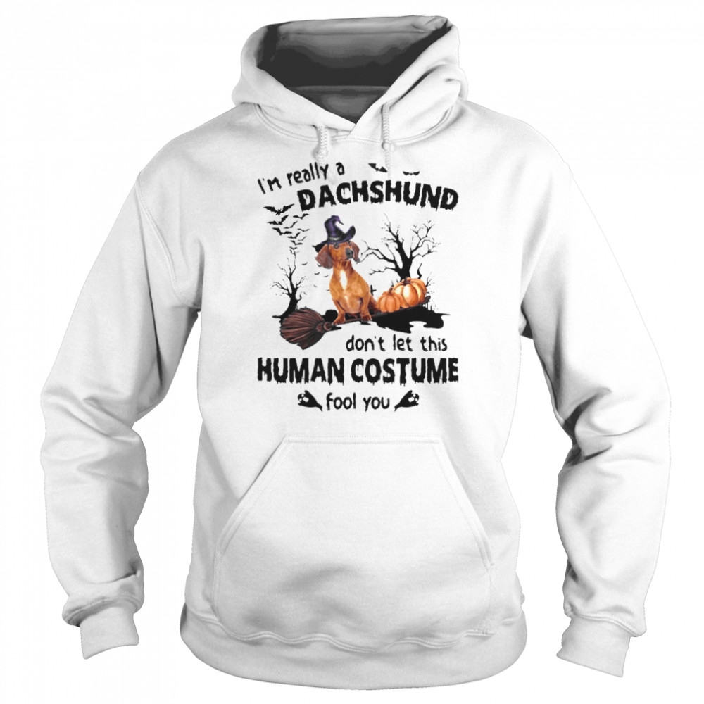 Red Dachshund Dog I’m Really A Dachshund Don’t Let This Human Costume Fool You Halloween Shirt Unisex Hoodie