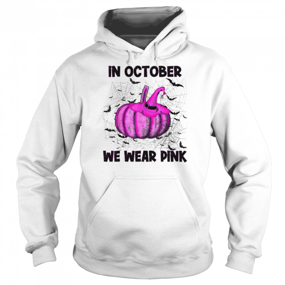 in October We Wear Pink Pumpkin Buffalo Plaid Halloween T-Shirt Unisex Hoodie