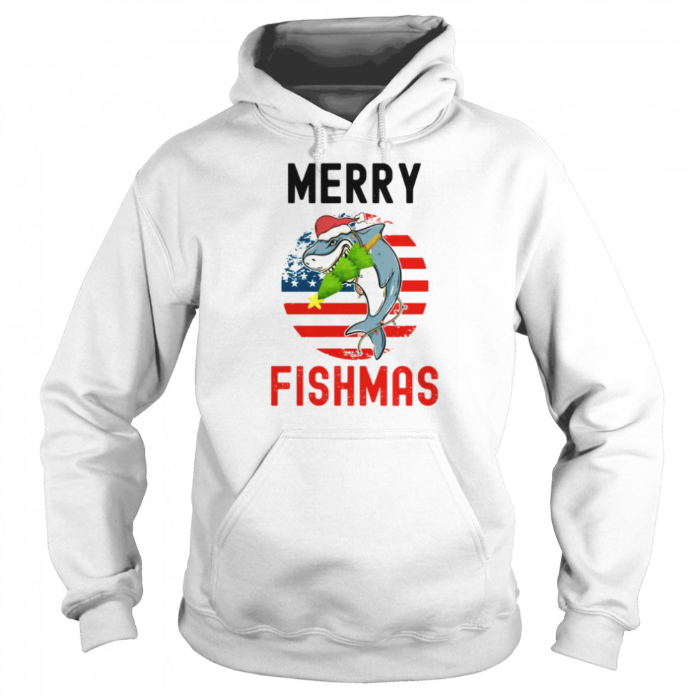 Big Shark Eating Christmas Treen Merry Fishmas  Unisex Hoodie