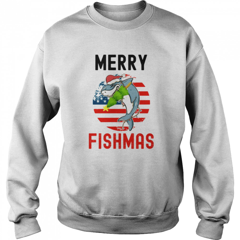 Big Shark Eating Christmas Treen Merry Fishmas  Unisex Sweatshirt