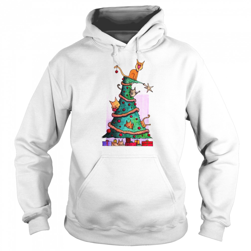 Cat Sitting On Top Of Christmas Tree  Unisex Hoodie