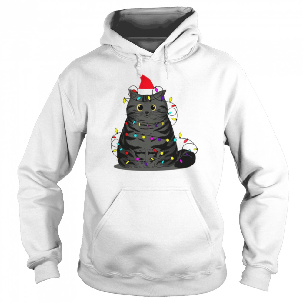 Funny Christmas Cat With Fairy Lights And A Christmas Hat  Unisex Hoodie