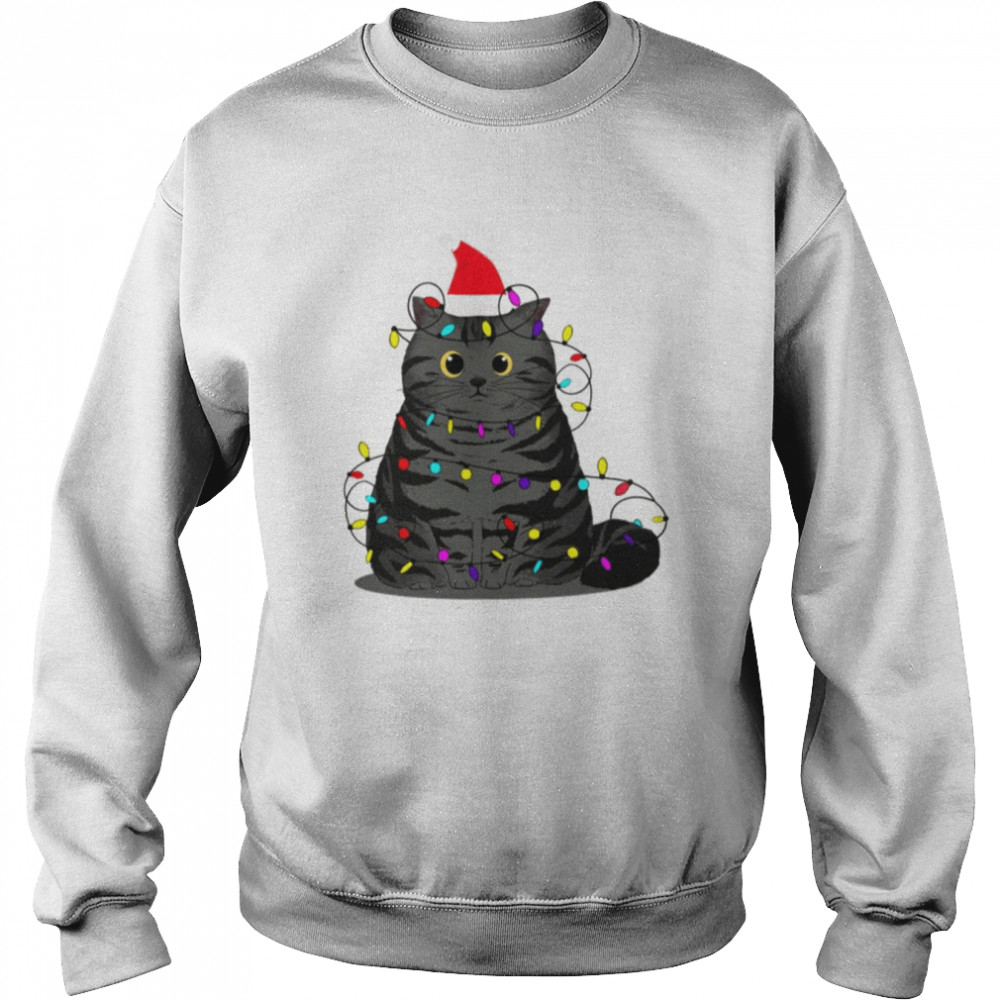 Funny Christmas Cat With Fairy Lights And A Christmas Hat  Unisex Sweatshirt