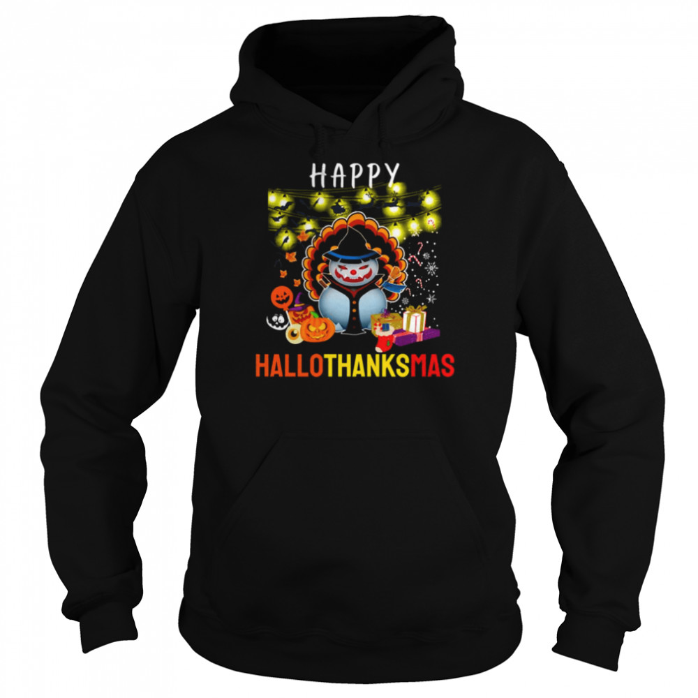 Happy Hallothanksmas Funny Halloween Thanksgiving Christmas  Unisex Hoodie