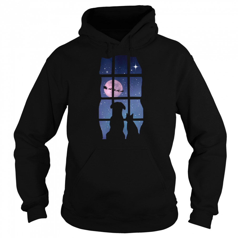 Holiday Cute Dog And Cat In Window Watching Santa Merry Christmas  Unisex Hoodie